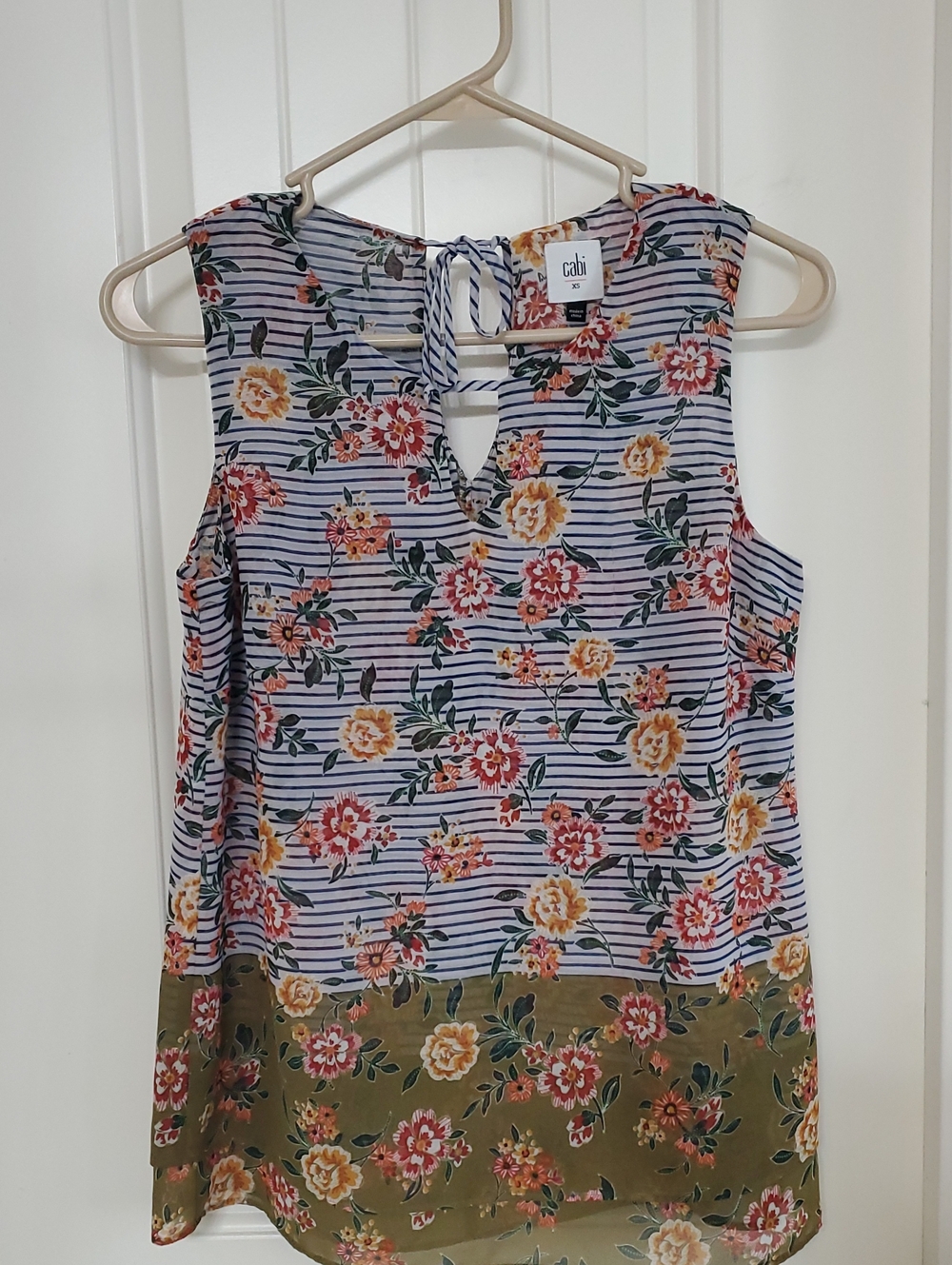 Cabi Floral Stripe Keyhole Camisole in Navy, Olive & Yellow